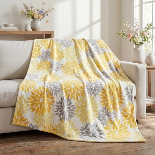 Horaldaily Dahlia Pinnata Floral Yellow Grey Flannel Throw Blanket 60x80 | All Season Using Ultra Soft Fuzzy Plush Cozy Non-shedding Blanket for Couch Sofa Bed Camping, Ideal Gift for Kids Adults - color: Orange Yellow Grey, size: Twin(60x80”)