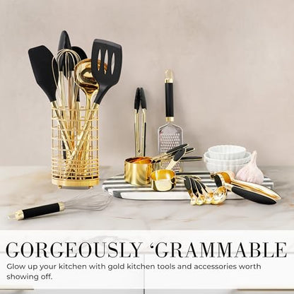 Styled Settings Black and Gold Cooking Utensils Set, 7-Piece, Black & Gold | Nonstick Silicone Cooking Utensils Set with Gold Utensil Holder, White and Gold Kitchen Accessories for Modern Kitchens - color: 7 Piece Black & Gold