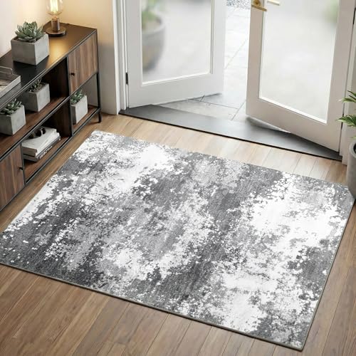 Entryway Rug 3x5 Grey Washable Door Mat Indoor Entrance 36x60 | Small Throw Rugs for Kitchen Floor, Entry, Front Porch, Bedside, Non-Slip Low Pile Stain & Fade Resistant, Abstract Gray - color: Grey, size: 3' X 5' (Rectangular)
