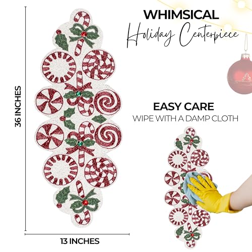 Christmas Beaded Table Runner, Red & White, 13x36 | Handcrafted, 85% glass beads, polyester backing, dining/console/coffee table, holidays, weddings, wipe-clean maintenance - color: Cherry Reddish, size: 36"x13"