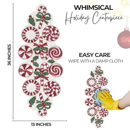 Christmas Beaded Table Runner, Red & White, 13x36 | Handcrafted, 85% glass beads, polyester backing, dining/console/coffee table, holidays, weddings, wipe-clean maintenance - color: Cherry Reddish, size: 36"x13"