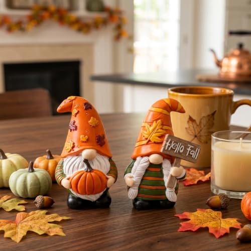 Cute 2 PCS Gnomes Statues Decor, Resin Figurines and Sculpture Décor, for Indoor Outdoor Yard Lawn Garden Home Patio Farmhouse Kitchen Table Decoration(Pumpkin and Fall) - style: Pumpking & "Hello Fall" Sign-Holding