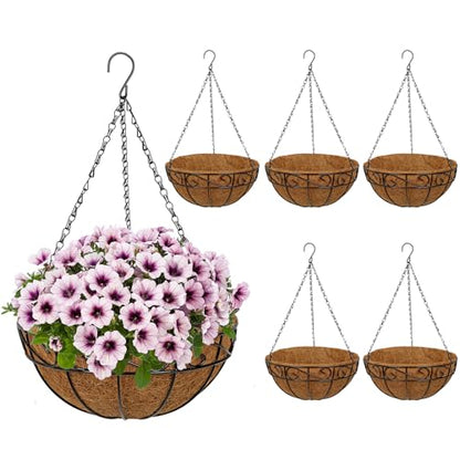 6 Pack 12 inch Metal Hanging Baskets for Plants, Round Metal Wire Hanging Basket Planter with Coco Fiber Liners Chain for Garden Home Porch Patio, Flower Border - size: 12" x 6 Pack, style: Flower Border