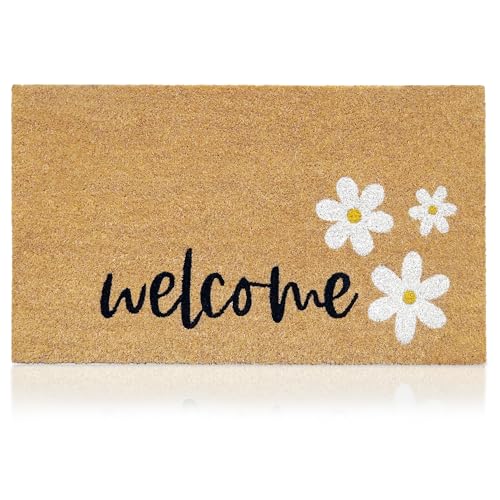 Coir Welcome Mat, Non-Slip, Welcome Daisies, 17 x 29 in | 100% Natural Coir, Anti-Shedding, Durable PVC Backing, Traps Dirt and Mud, Indoor and Outdoor Entryway, Easy to Clean - color: Daisies, size: 2'5" x 1'5" (Rectangular)