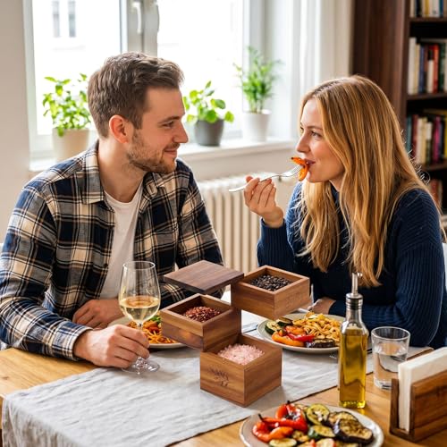 3 Tier Acacia Wood Salt Cellar, Square Swivel Triple Pepper Storage Box, Spice Box with with Magnetic Swivel Lids, Seasoning Holder for Salt, Herbs, and Spices, Grilling & Cooking
