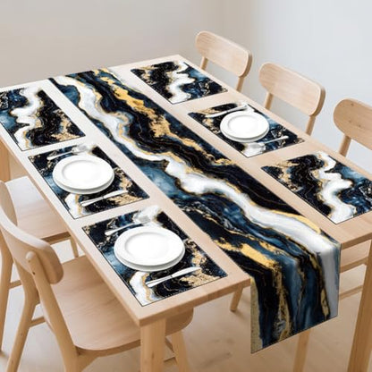WADORN Marble Texture Abstract Table Runner and Placemats Set of 6, Black White Gold Ink Marble Texture Kitchen Dinning Table Decoration Abstract Modern Art Dining Settings for Home Kitchen Party - size: Marble Texture