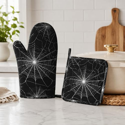 Spider Web Oven Mitts and Pot Holders Sets Silicone Kitchen Mitts Potholders Heat Resistant Oven Gloves Hot Pads for Kitchen Baking Cooking - color: Spider Web