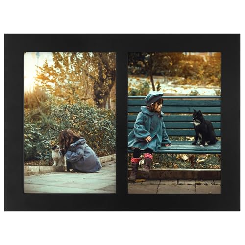 Golden State Art, 4x6 Double Picture Frame, Display Two 4x6 Photos (Black) | Solid Wood - Real Glass For Tabletop Or Wall Mounting (Black, 1 Pack) - color: Black, size: 2 Openings 4x6