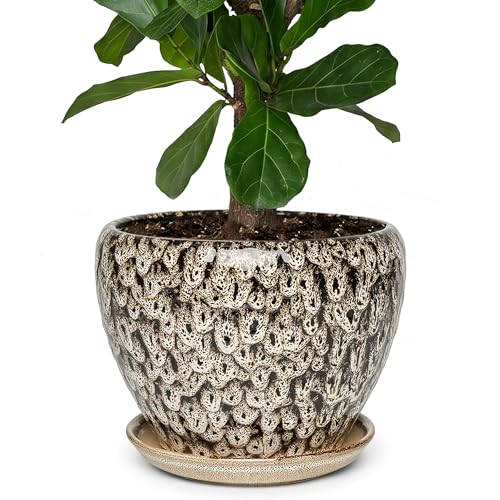 11 Inch Ceramic Plant Pot with Drainage Hole Mesh Net, Large Gardening Pots for Indoor Plants with Saucer, Speckle White - color: Peacock White, size: 11 Inch