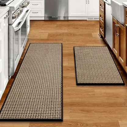 eqivei Kitchen Rugs and Mats Non Slip Washable Set of 2 PCS, Absorbent Runner Rugs for Kitchen, Front of Sink, Kitchen Mats for Floor, 17.3"x47"+17.3"x29" (Black) | 17.3"x47"+17.3"x29", Absorbent Woven Runner Set with Cushioned Rubber Backing for Sinks, B