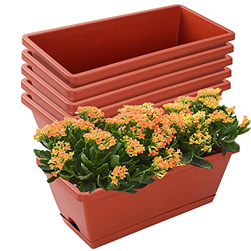 CHUKEMAOYI Window Box Planter, 7 Pack Plastic Vegetable Flower Planters Boxes 17 Inches Rectangular Flower Pots with Saucers for Indoor Outdoor Garden, Patio, Home Decor (Red) - color: Red, size: 16.6 x 7 x 5.9 inches