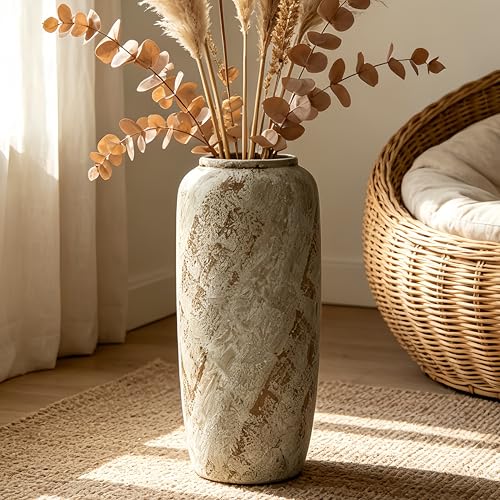 Rustic Ceramic Floor Vase, 15.7 Inch, Farmhouse Clay Decor | Living Room, Entryway, Fireplace, Pampas Grass, Dried Branches - size: 15.7 Inch