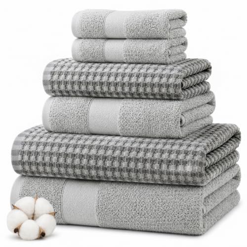 Modern Threads 6 Piece Cotton Bath Towel Set – Ultra Soft 600 GSM Towels – Bathroom Set with Hand Towels and Washcloths – Waffle (Silver Cloud) - color: Silver Cloud, size: Standard, style: Waffle