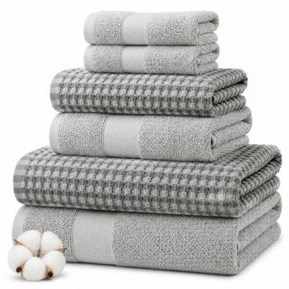 Modern Threads 6 Piece Cotton Bath Towel Set – Ultra Soft 600 GSM Towels – Bathroom Set with Hand Towels and Washcloths – Waffle (Silver Cloud) - color: Silver Cloud, size: Standard, style: Waffle