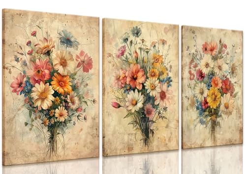 KISSFOX Framed Colorful Wildflower Canvas Wall Art Set Of 3 Flowers Pictures Prints Flowers Printing Floral Watercolors Flower wall Decor Living Room Girls Bedroom Bathroom - color: Orange Oolor, size: 16x24 In Canvas