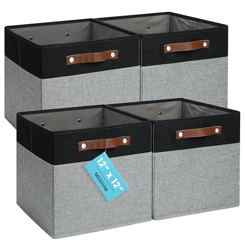 OrganiHaus 12x12 Cube Storage Bins, Set of 4 - Fabric Storage Cubes | Sturdy, holds its shape; odor-free; fits 12-inch cube shelves; vegan leather handles - color: Gray Base / Black, size: (12x12) Leather Handles