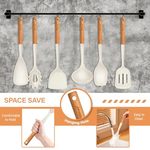 Large Silicone Kitchen Utensils Set with Holder, 25Pcs Cooking Utensil Set with Wooden Handle, Heat Resistant Spatula Sets for Cooking, BPA Free Silicone Utensils Set for Non-Stick Cookware(White) - color: White