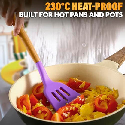 12 Pcs Purple Kitchen Accessories Set with Holder, Silicone Heads | Purple Kitchen Utensils Set for Cooking and Baking; Wooden Handles; Heat-Resistant up to 446°F; Non-Scratch for Nonstick Pans - color: Purple