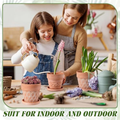 Set of 6 Embossed Succulent Pots 4" Small Terracotta Pots with Drainage Hole Saucer Mini Rustic Clay Succulent Planter Pot Decorative Ceramic Cactu Flower Pot for Indoor Outdoor(Lattice Leaf) - size: 4 Inch, style: Lattice and Leaf