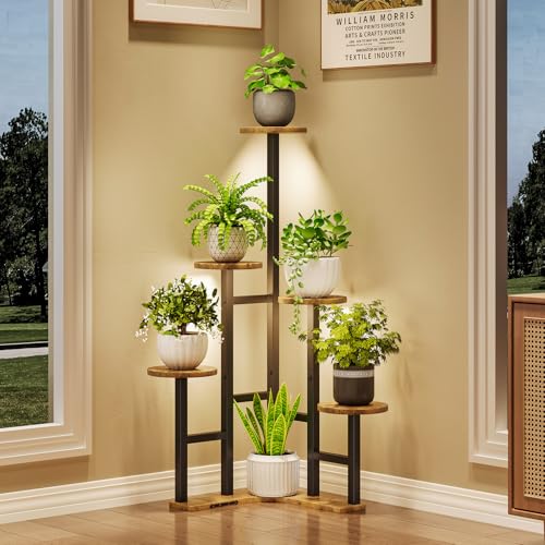 Yzosvki Corner Plant Stand Indoor with Grow Lights, 6 Tiered Corner Plant Shelf Flower Stand for Multiple Plants, Plant Shelves Organizer Rack for Living Room, Balcony, Patio, Round Rustic Brown - color: Rustic Brown(with Lights), size: 6 Tier-Round