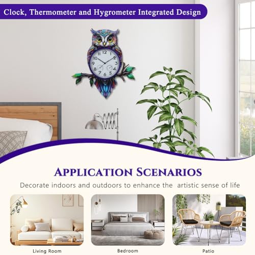 Large Outdoor Clock with Thermometer & Humidity | Owl Outdoor Wall Clock, Silent No-Ticking, Outside Clock for Patio, Living Room, Kitchen - style: Owl-Blue