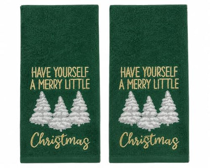 Holiday Christmas Bathroom Guest Hand Towels, 100% Cotton, Set of 2, Have Yourself a Merry Little Christmas Gold White on Green- 16” x 25” Decorative Bath & Kitchen Towels - color: Little Christmas