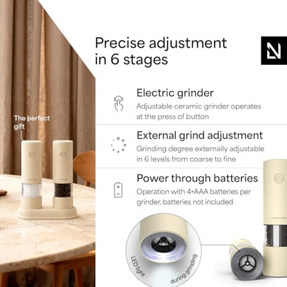 LARS NYSØM Electric Salt and Pepper Grinder Set I Automatic Salt and Pepper Mills with Adjustable Ceramic Grinder I AAA-Battery Operated Electric Spice Mill Set (Almond Beige) - color: Almond Beige