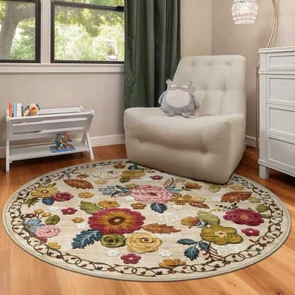 Washable 4ft Round Area Rug Beige Boho Floral Non-Slip for Bedroom, Kitchen | Soft Low-Pile Carpet for Pet Feeding Areas, Bathroom, Entryway, Nursery, Kid & Pet Friendly, Stain, Fade & Wear Resistant - color: Beige, Cream, Mustard, Brick Red and Blue, siz
