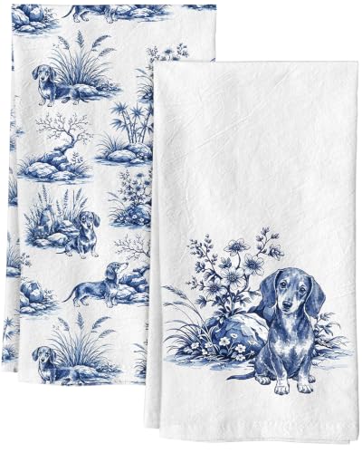 Flour Sack Kitchen Towels Set of 2, 18x26 Inch, Dachshund Dog | 150GSM Cotton, Lint-Free, Quick Dry, Hanging Loop, Lightweight Tea Towels, French Home Decor, Chinoiserie, Housewarming Gift - color: Dachshund Dog