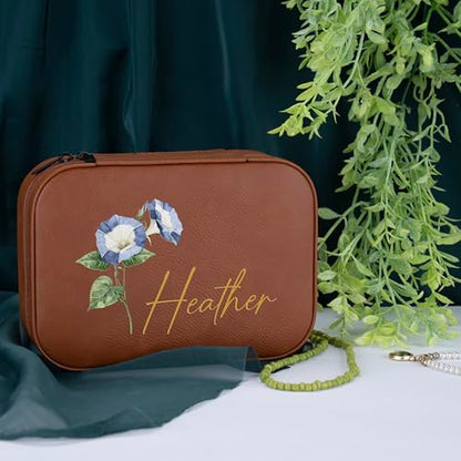 Custom Leather Jewelry Box with Name & Birth Flower Month, Birthday Gifts for Women, Personalized Jewelry Travel Case - Customized Jewelry Organizer Box, Mom Birthday Gifts, Rustic - color: Rustic