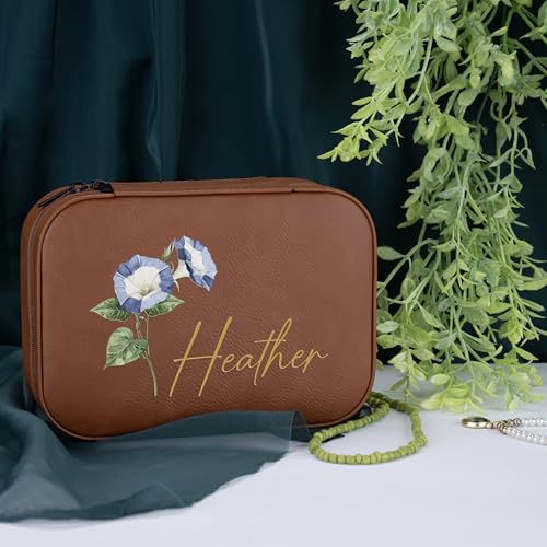 Custom Leather Jewelry Box with Name & Birth Flower Month, Birthday Gifts for Women, Personalized Jewelry Travel Case - Customized Jewelry Organizer Box, Mom Birthday Gifts, Pink - color: Pink