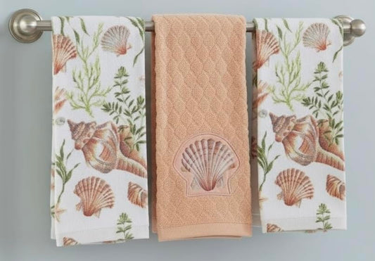 Coastal Kitchen Hand Dish Towels Set, Nautical Sealife Ocean Sea Shell Design, Coral Green White, 100% Cotton Towels, 3pc Set - color: Coral Shell