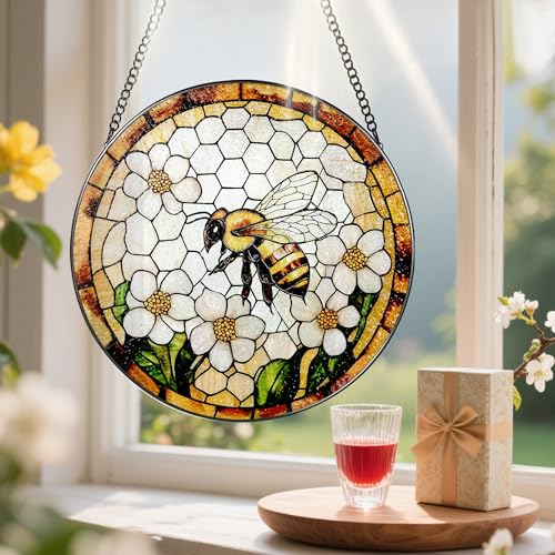 Bee Wildflowers Stained Glass Suncatcher, Stained Glass Window Hanging, 8 Inch Honey Bee Suncatcher, Honeybee Gifts for Garden Lovers, Gifts for Mother's Day, Teacher Gift, Grandma Gift - color: Bee
