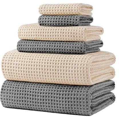 POLYTE 430 GSM Poly Blend Microfiber Quick Dry Waffle Bath Towel Set of 6 | 2-Body Towels, 2-Hand Towels, 2-Wash cloths, Oversize, Lint Free - color: Gray,light Beige