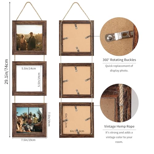 6x6 Collage Picture Frames Set of 2, Rustic Wooden Real Glass Vertical Hanging 3 Opening 6 by 6 Photo Frame, Distressed Brown - color: Distressed Brown, size: Vertical-6x6 in