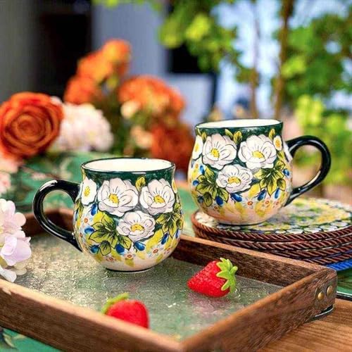 13oz Ceramic Coffee Mug, Hand-Painted Floral Polish Pottery Style Cup, Large Stoneware Tea Mug with Handle, Microwave & Dishwasher Safe (Green) - color: Green