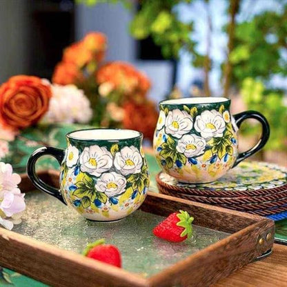 13oz Ceramic Coffee Mug, Hand-Painted Floral Polish Pottery Style Cup, Large Stoneware Tea Mug with Handle, Microwave & Dishwasher Safe (Green) - color: Green