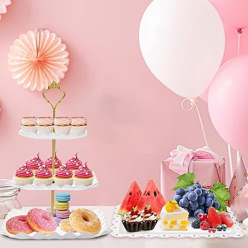 5 Pcs Dessert Table Display Set- 3 Tier Cupcake Stand & Serving Tray | Cake Stands for Tea Party, Birthday, Baby Shower, Bridal Shower Decorations, Thicker Food-Graded Plastic, Metal Rod, Reusable