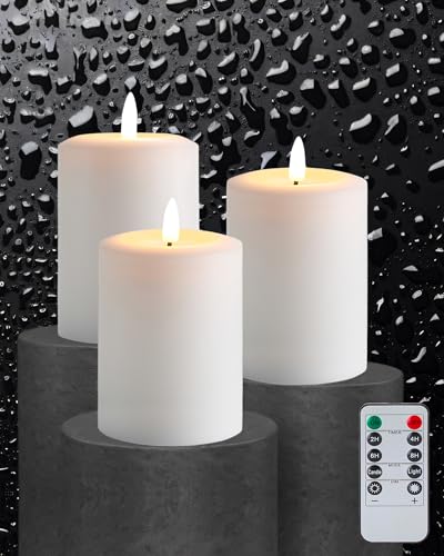 Gmnee 3"x4" Flickering Flameless Candles with Remote Timer, LED Candles | Set of 3 White Battery Operated Candles, Fake Pillar Candles for Fireplace, Centerpiece and Rustic Decor (Real Wax) - color: White - D3"H4"