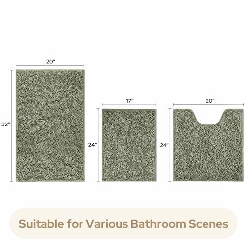 HOMEIDEAS 3 Pieces Bathroom Rugs, Ultra Soft Non Slip Absorbent Chenille Toilet Bath Mat Set (Sage Green) - color: Green-sage Green, size: 17"x24"+20"x32"+U Shape 20"x24"