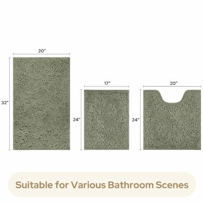 HOMEIDEAS 3 Pieces Bathroom Rugs, Ultra Soft Non Slip Absorbent Chenille Toilet Bath Mat Set (Sage Green) - color: Green-sage Green, size: 17"x24"+20"x32"+U Shape 20"x24"