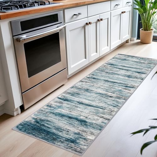 KOZYFLY Modern Abstract Hallway Runner Rug 2x6 Washable Rug Runner Blue | Non-Slip, Non-Shedding, Low Pile Soft, Runners For Hall Kitchen Entryway Bathroom Laundry Bedroom Foyer - color: Blue, size: 2' x 6' (Runner)