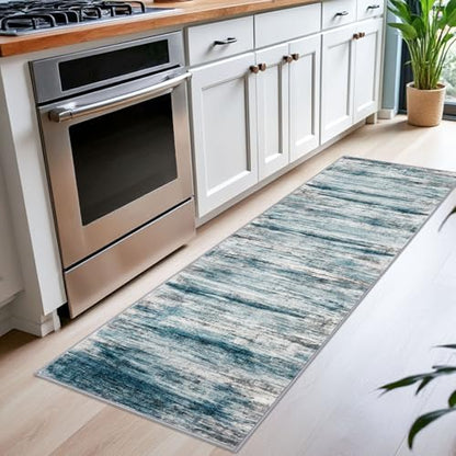 KOZYFLY Modern Abstract Hallway Runner Rug 2x6 Washable Rug Runner Blue | Non-Slip, Non-Shedding, Low Pile Soft, Runners For Hall Kitchen Entryway Bathroom Laundry Bedroom Foyer - color: Blue, size: 2' x 6' (Runner)