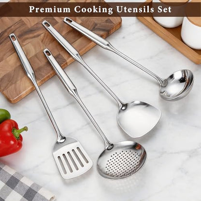 4-Piece Cooking Utensils Set, Stainless Steel Kitchen Utensils, Metal Kitchen Tools Include Solid & Slotted Turner Wok Spatula, Serving Spoon, Ergonomic Handle, Easy to Clean