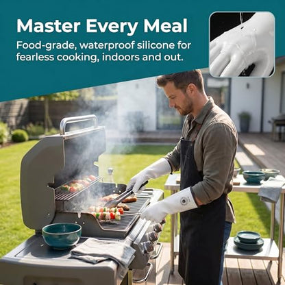 15" Long Silicone Oven Gloves, Heat Resistant Kitchen Oven Mitts (7/S) | Food Grade Waterproof Silicone Gloves for Cooking, Grilling & Smoker Barbecue, Sourdough Baking - color: White Extra Long, size: 7/S