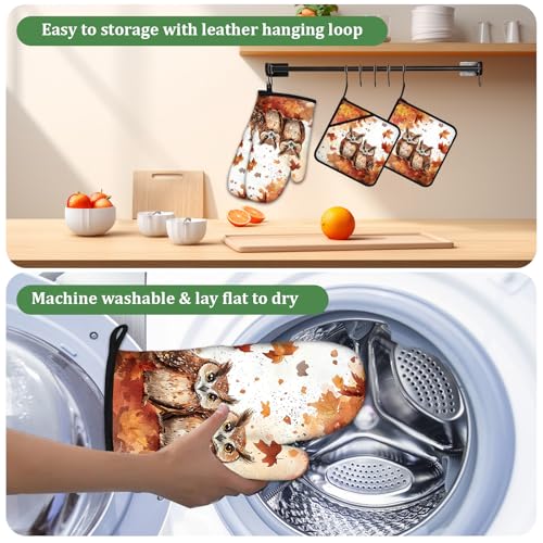 Autumn Maple Owls Oven Mitts and Pot Holders Sets 4 Pcs Silicone Kitchen Gloves Heat Resistant Fall Potholders for Baking Grilling BBQ - color: Fall Owl