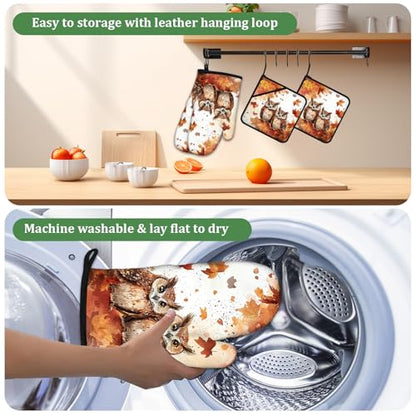 Autumn Maple Owls Oven Mitts and Pot Holders Sets 4 Pcs Silicone Kitchen Gloves Heat Resistant Fall Potholders for Baking Grilling BBQ - color: Fall Owl