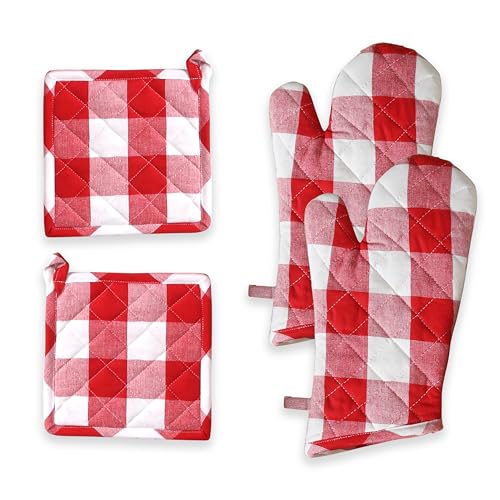 Oven Mitt & Pot Holder Buffalo Plaid Check 100% Cotton Heat Resistant Oven Gloves (7"x13") & Hot Pads (8"x8") Combo for Baking, Cooking - Red - color: Red, Buffalo Plaid