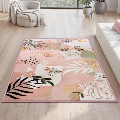 Joiedomi Area Rugs for Bedroom 3x5 Non Slip Small Carpet with Rubber Backing Art Flora for Bedside Living Room Dorm Kitchen Entryway (Pink) - color: 01 - Pink, size: 3'x5'