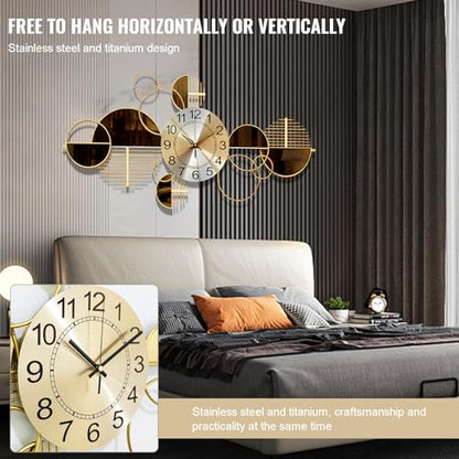 Metal Wall Clock Decorative 3D Metal Wall Art Clock for Living Room Bedroom Creative Modern Big Wall Clock Decor with Silent No-Ticking 34 X 17.7 inch